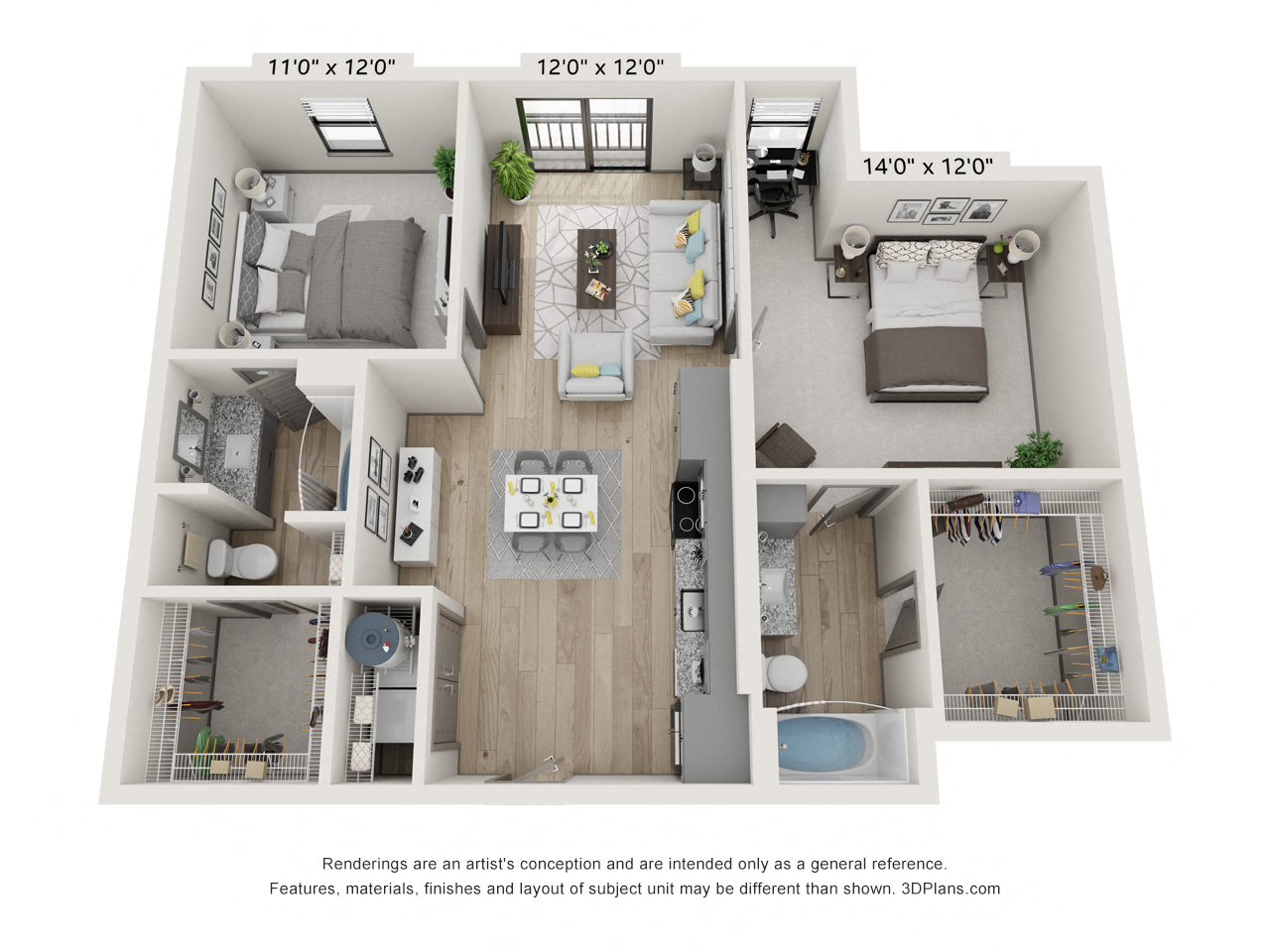 Floor plan for 2 beds, 2 baths, 998 sqft